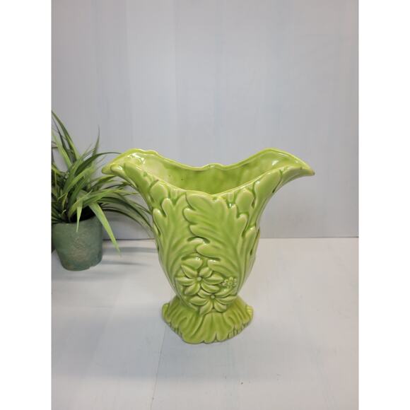 Vintage Lime Green Floral & Leaf Vase Art Pottery - Picture 3 of 5